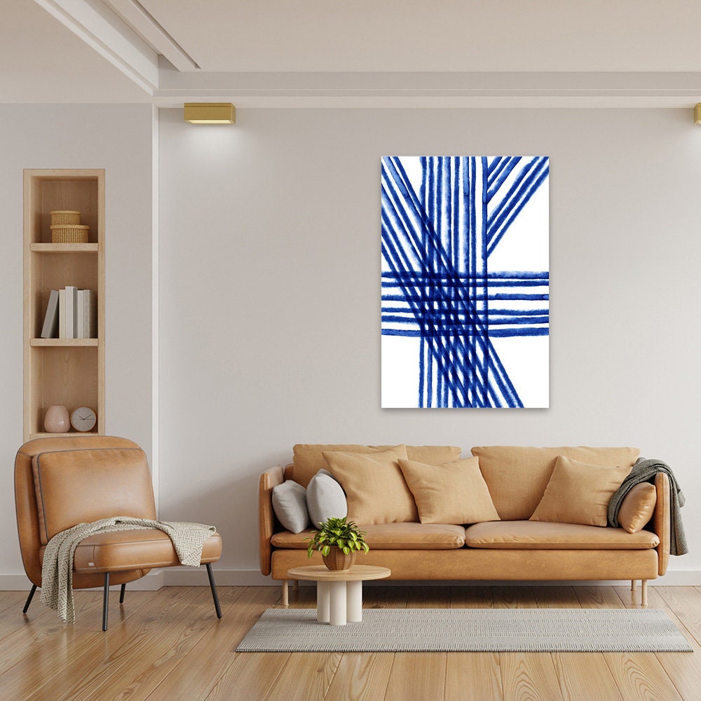 Blue & White Minimalist Painted Lines Modern Geometric Abstract Metal Wall Art Glossy Sleek Aluminum Print Decor Large Contemporary Painting