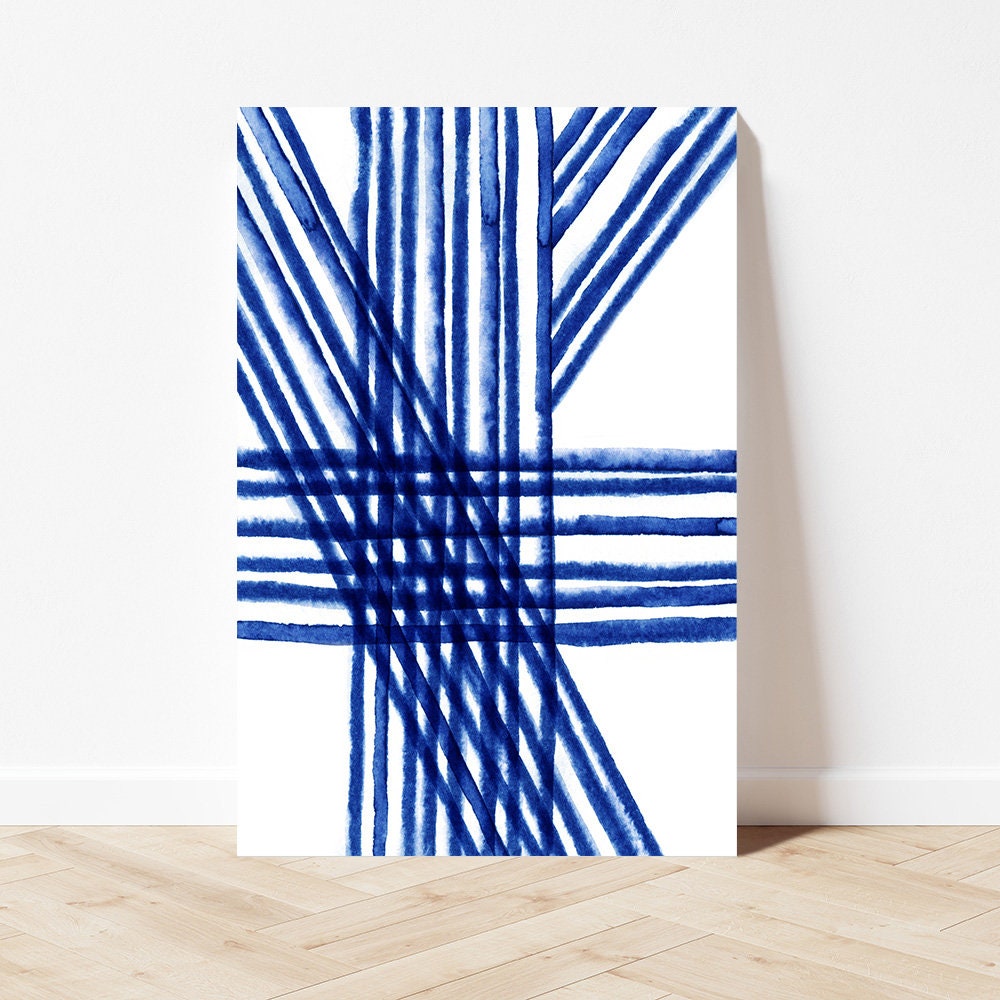 Blue & White Minimalist Painted Lines Modern Geometric Abstract Metal Wall Art Glossy Sleek Aluminum Print Decor Large Contemporary Painting