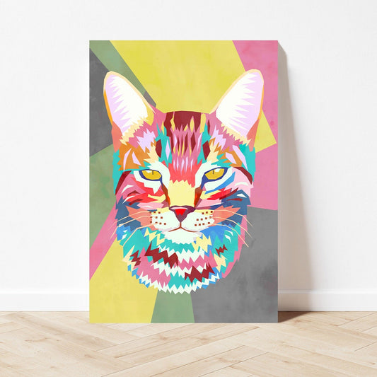 Colorful Cat Metal Wall Art - Maximalist Glossy Aluminum Print - Large Kitten Kitty Decor - Modern Contemporary Pet Lover Gift