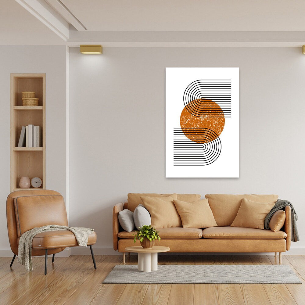 Mid Century Modern Minimalist Geometric MCM Retro Neutral Line Art Metal Wall Sleek Glossy Large Aluminum Print Contemporary Home Decor