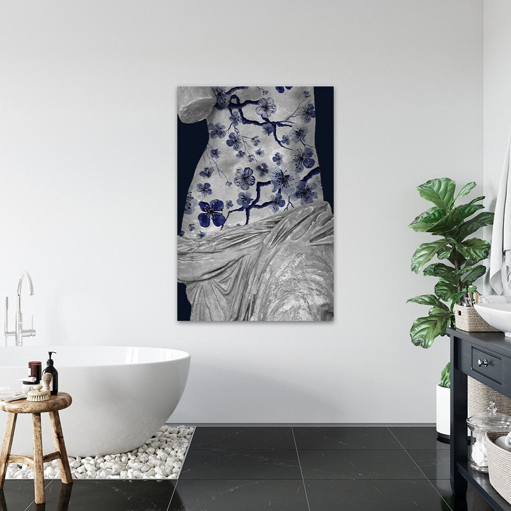 Blue & White Floral Classical Female Sculpture Minimalist Fine Art Glossy Large Aluminum Metal Print Wall Decor Modern Home Contemporary