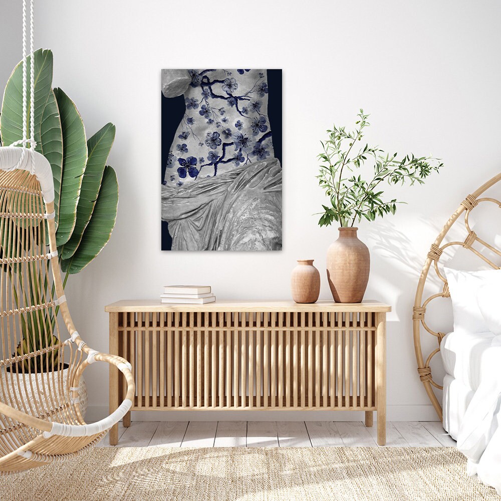 Blue & White Floral Classical Female Sculpture Minimalist Fine Art Glossy Large Aluminum Metal Print Wall Decor Modern Home Contemporary