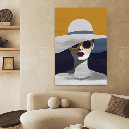 Lady With Hat & Sunglasses Woman Retro Boho Colorful Glossy Large Aluminum Metal Wall Fine Art Print Home Decor Modern Contemporary Painting