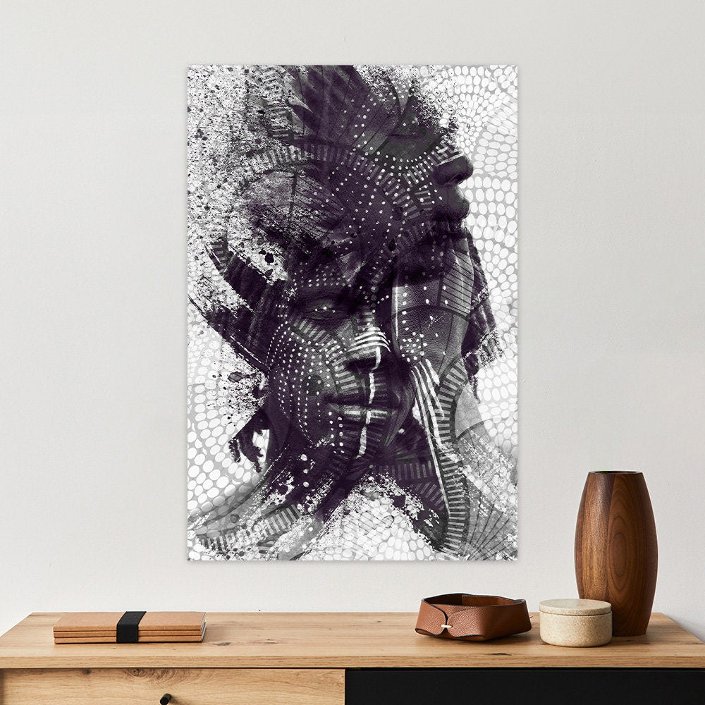 African American Ethnic Male Portrait Art Photo Black & White Abstract Modern Painted Tribal Photography Glossy Aluminum Metal Wall Print