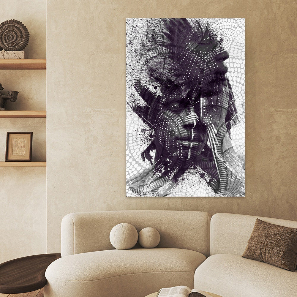 African American Ethnic Male Portrait Art Photo Black & White Abstract Modern Painted Tribal Photography Glossy Aluminum Metal Wall Print