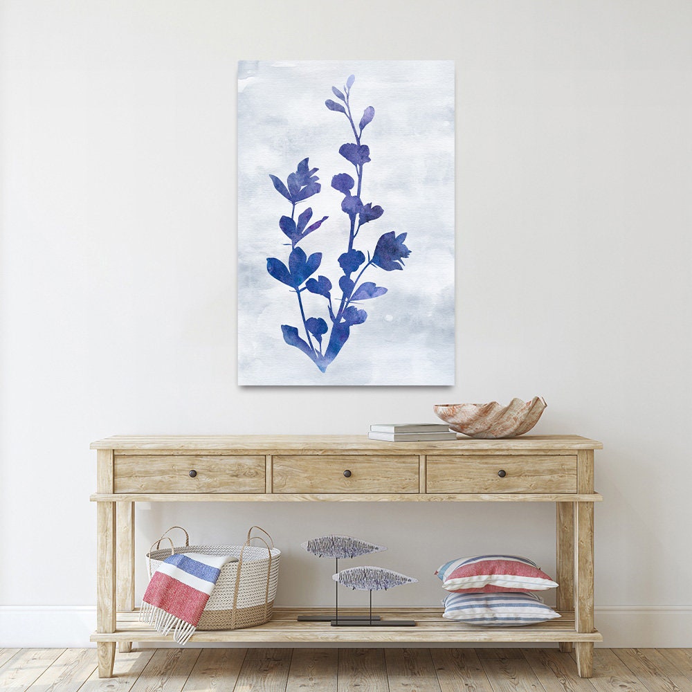 Blue & White Indigo Floral Botanical Minimalist Fine Art Metal Wall Glossy Large Aluminum Print Decor Modern Contemporary Coastal Painting I