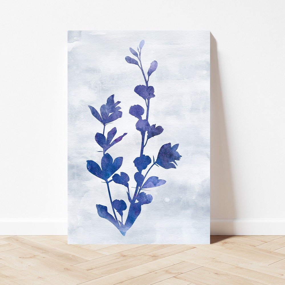 Blue & White Indigo Floral Botanical Minimalist Fine Art Metal Wall Glossy Large Aluminum Print Decor Modern Contemporary Coastal Painting I