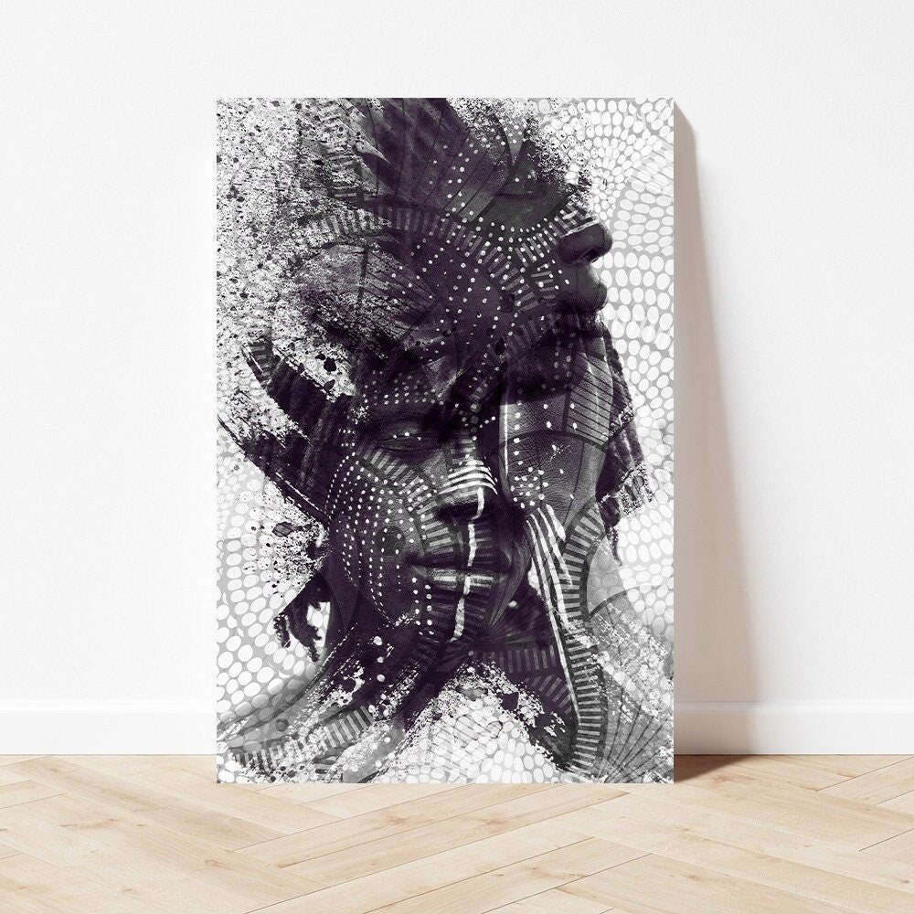 African American Ethnic Male Portrait Art Photo Black & White Abstract Modern Painted Tribal Photography Glossy Aluminum Metal Wall Print