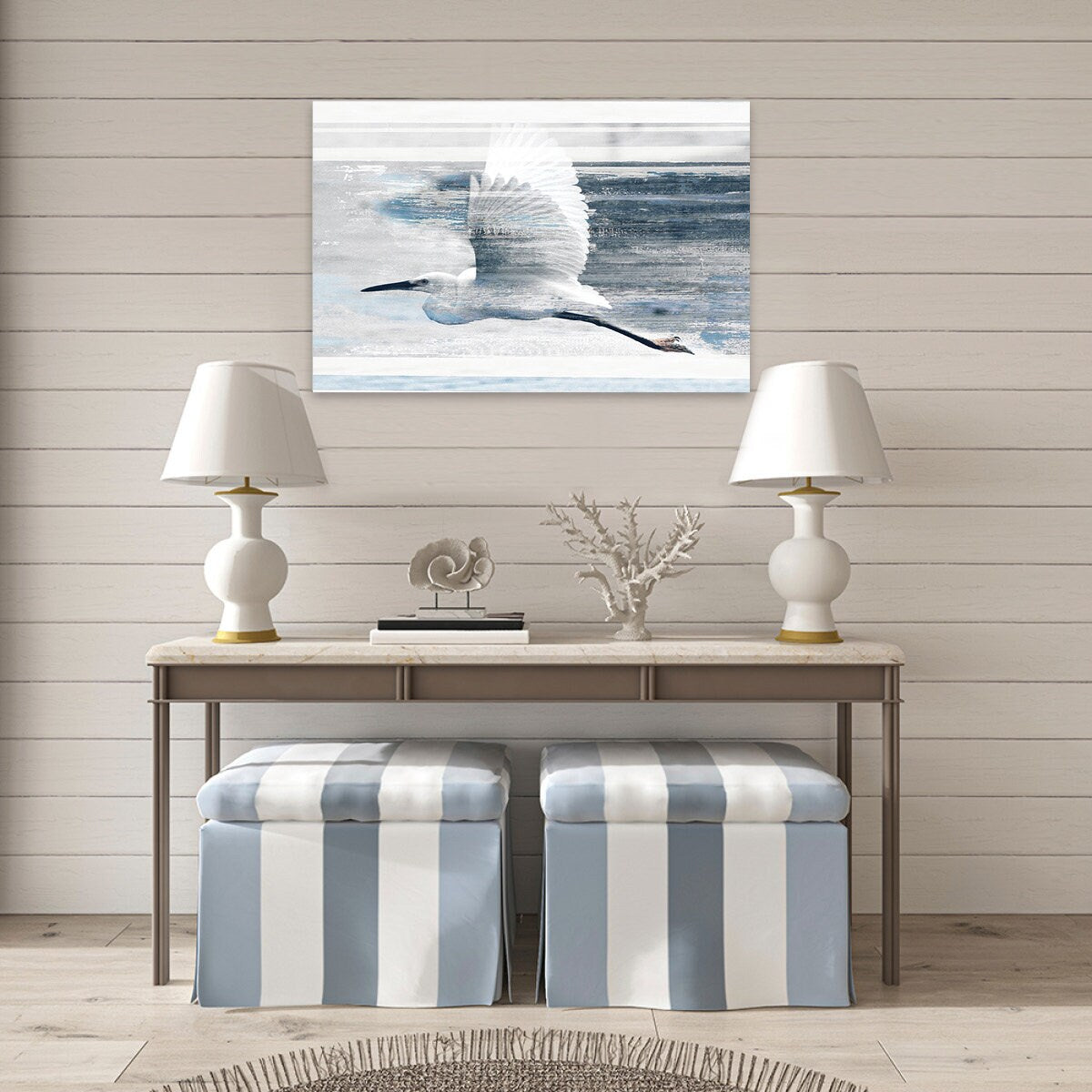 Sea Bird In Flight Coastal Modern Contemporary Blue White Metal Wall Art Glossy Large Aluminum Print Home Shorebird Heron Painting