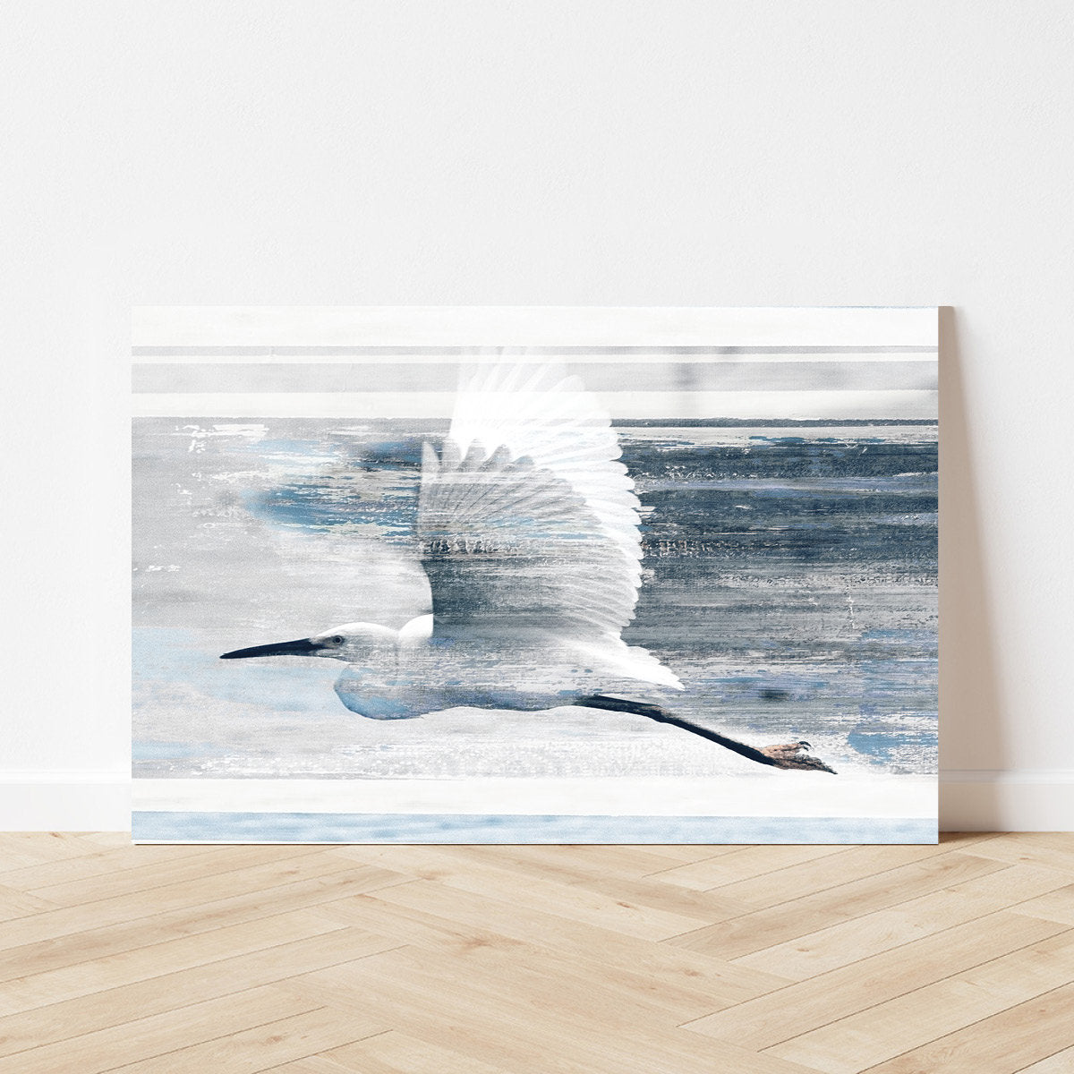 Sea Bird In Flight Coastal Modern Contemporary Blue White Metal Wall Art Glossy Large Aluminum Print Home Shorebird Heron Painting