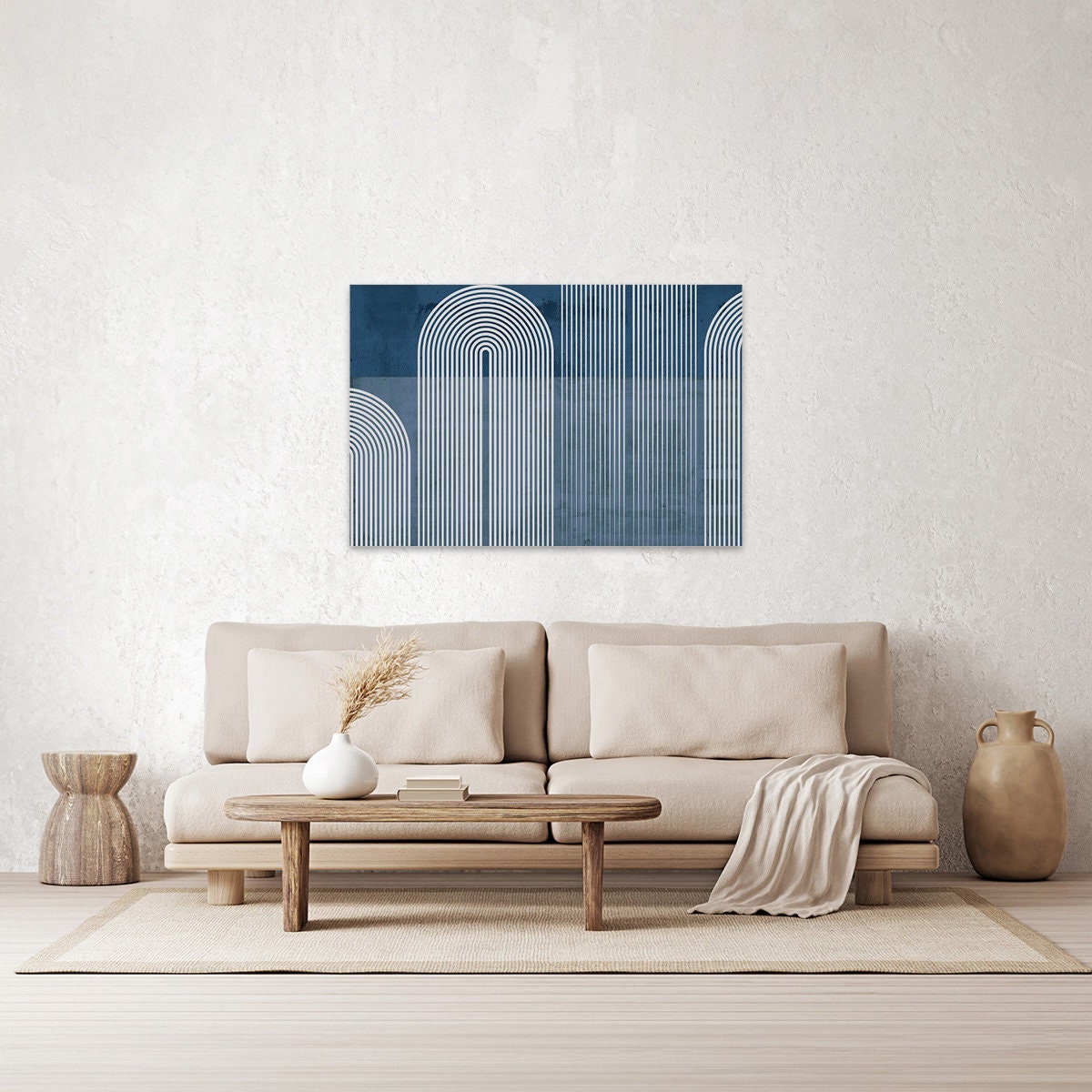 Bauhaus Blue & White Geometric Arches Abstract Modern Contemporary BOHO Metal Wall Art Glossy Large Aluminum Print Home Decor Painting