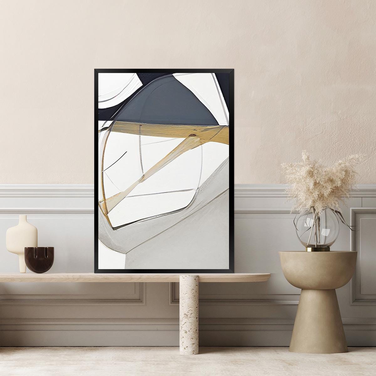 Abstract Minimalist Organic Shapes Large Framed Canvas Print Wall Art Neutrals Black White & Gray Decor Modern Contemporary Giclee Painting