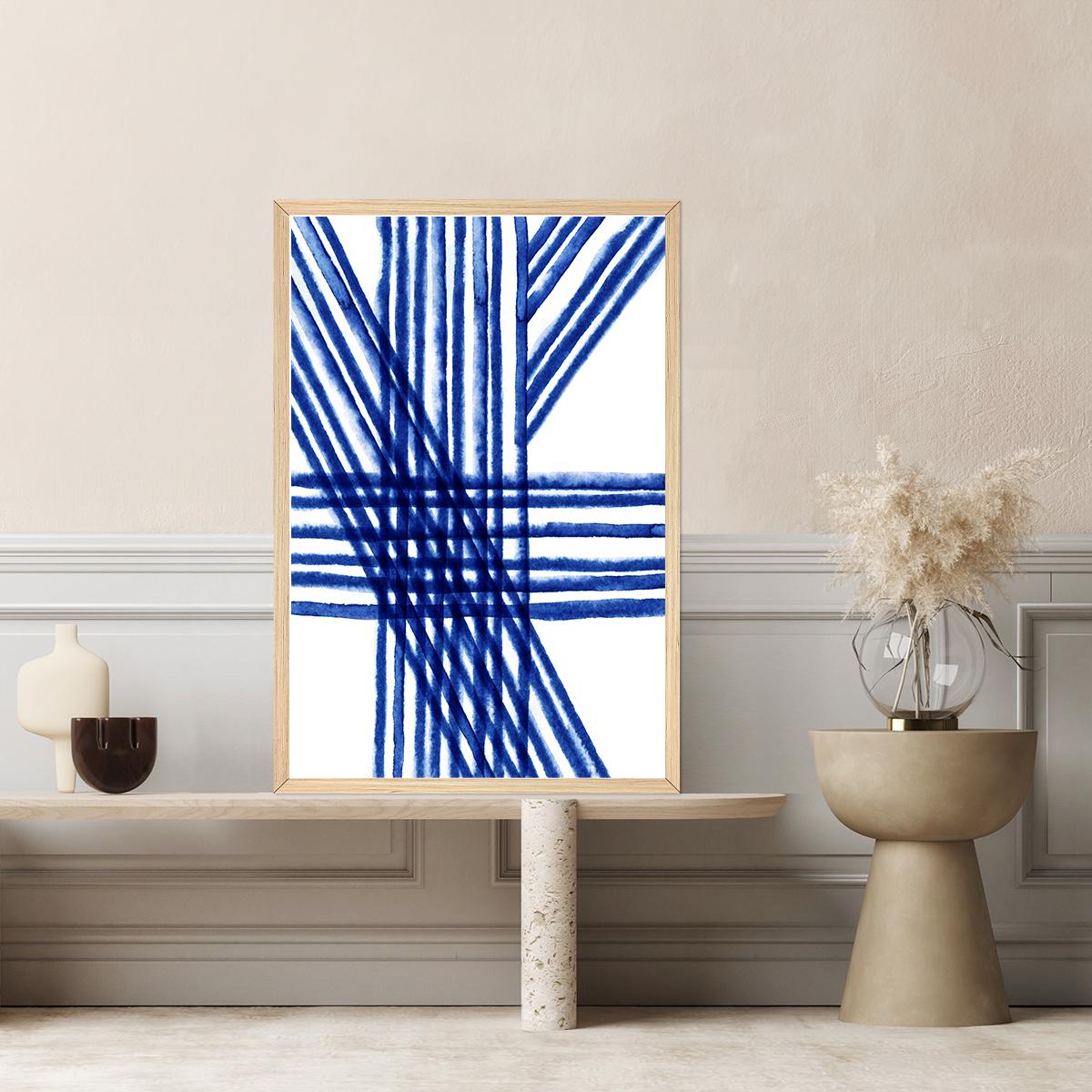 Blue & White Minimalist Painted Lines Modern Geometric Abstract Floater Framed Canvas Wall Art Print Home Decor Large Contemporary Painting