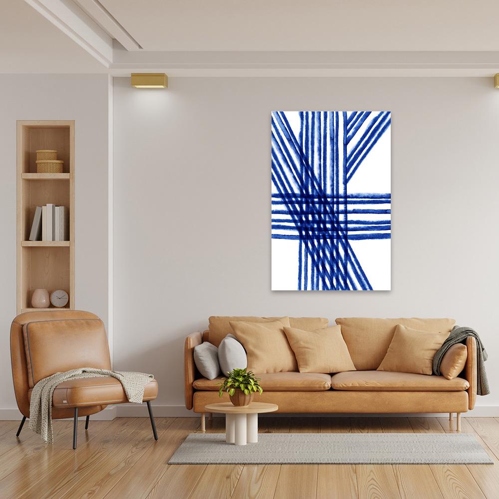 Blue & White Minimalist Painted Lines Modern Geometric Abstract Floater Framed Canvas Wall Art Print Home Decor Large Contemporary Painting