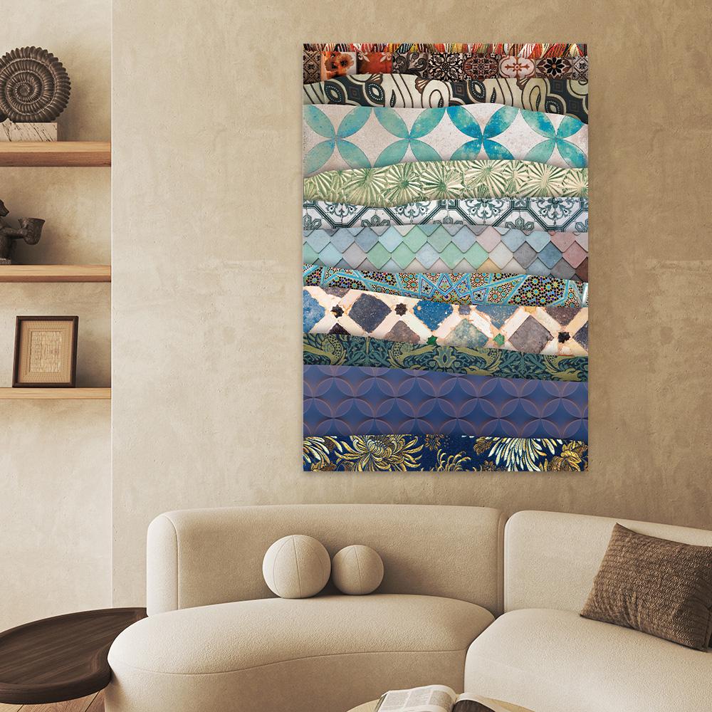 Colorful BOHO Canvas Wall Art - Maximalist Torn Paper Textured Print Pattern - Exotic Modern Floater Framed Painting I