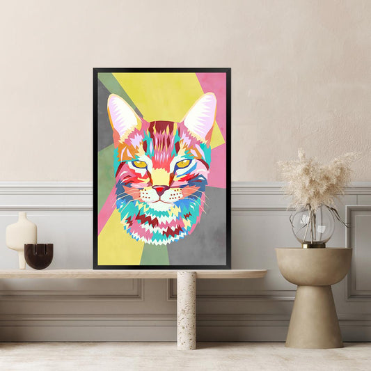 Colorful Cat Pop Wall Art - Maximalist Canvas Framed Print - Large Color Block Kitten Home Decor - Modern Pet Lover Gift