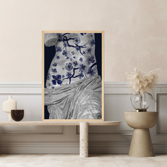 Blue & White Floral Classical Female Sculpture Minimalist Fine Art - Large Framed Canvas Print - Wall Decor Modern Home Contemporary