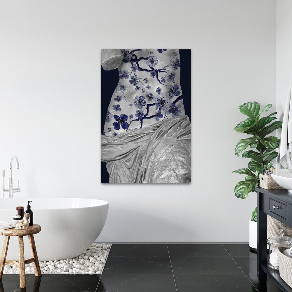 Blue & White Floral Classical Female Sculpture Minimalist Fine Art - Large Framed Canvas Print - Wall Decor Modern Home Contemporary