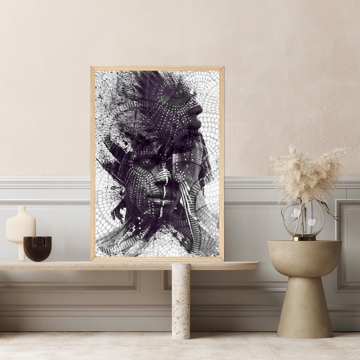 African American Ethnic Male Portrait Art Photo Canvas Print Black White Abstract Modern Painted Tribal Photography Large Framed Wall Print