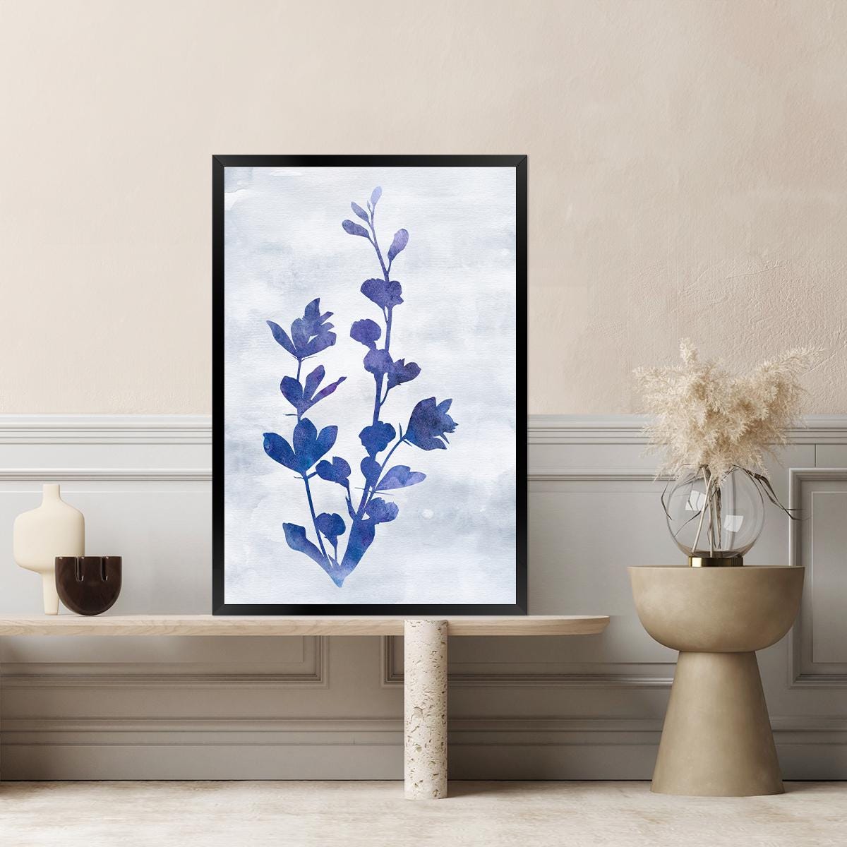 Blue & White Indigo Floral Botanical Minimalist Wall Art - Large Framed Canvas Print - Biophilic Design Modern Contemporary Painting I