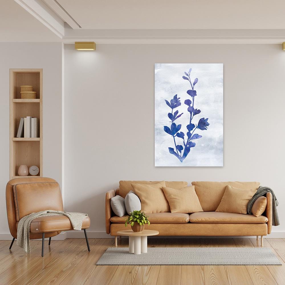 Blue & White Indigo Floral Botanical Minimalist Wall Art - Large Framed Canvas Print - Biophilic Design Modern Contemporary Painting I