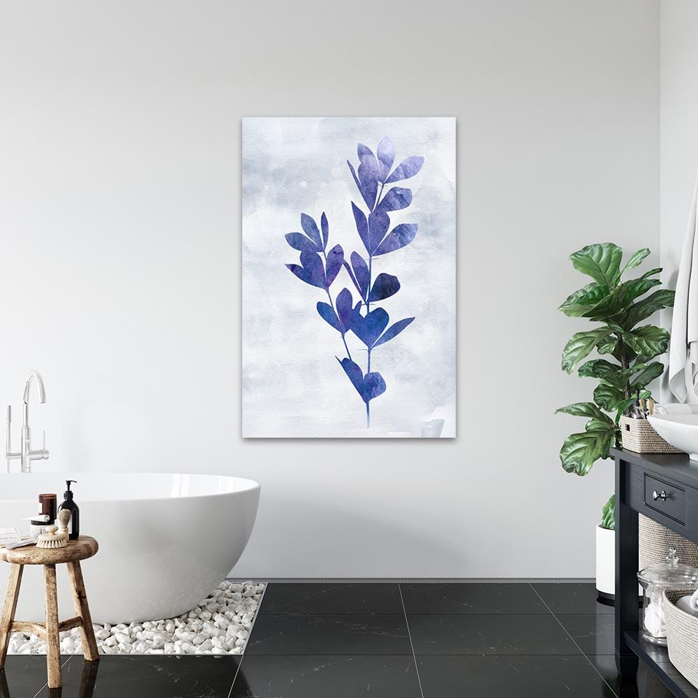 Blue & White Indigo Floral Botanical Minimalist Wall Art - Large Framed Canvas Print - Biophilic Design Modern Contemporary Painting 2