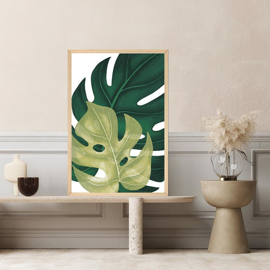 Palm Leaf Print - Green Monstera Leaf Tropical Canvas Art - Botanical Biophilic Nature Framed Wall Art - Large Green Modern Home Decor