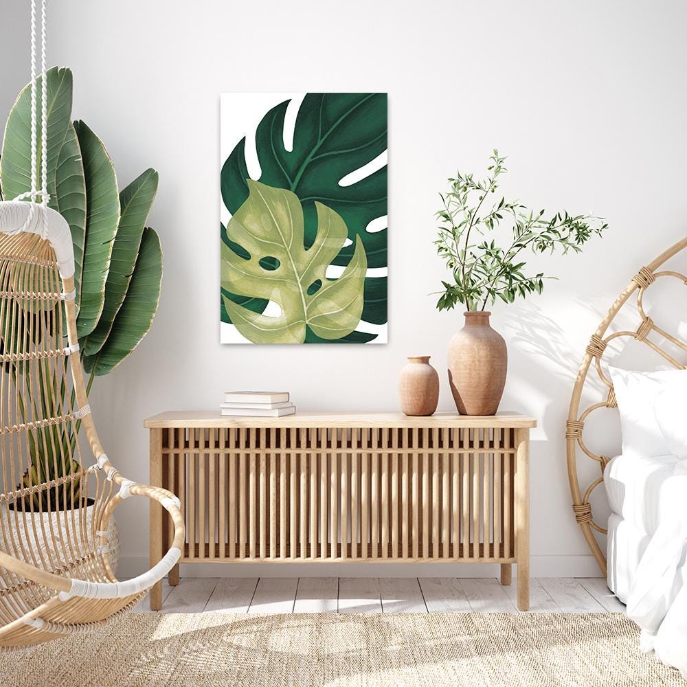 Palm Leaf Print - Green Monstera Leaf Tropical Canvas Art - Botanical Biophilic Nature Framed Wall Art - Large Green Modern Home Decor