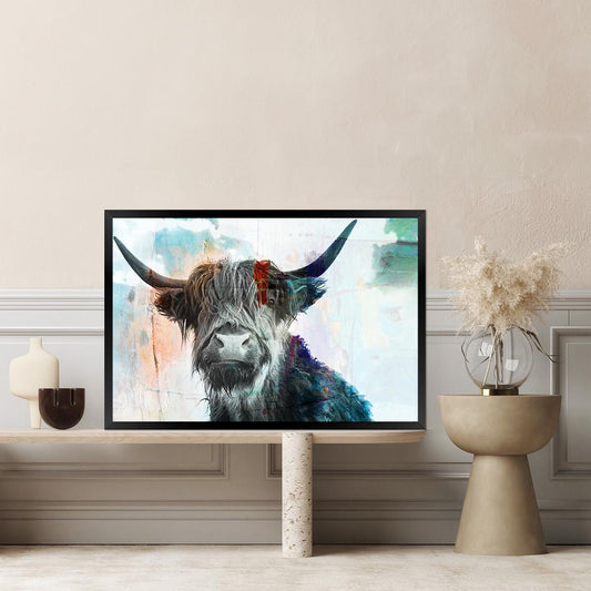 Highland Cow Painting - Colorful Scottish Cow Art - Large Framed Canvas Print Farm Animal Cattle - Rustic Modern Farmhouse Wall Decor