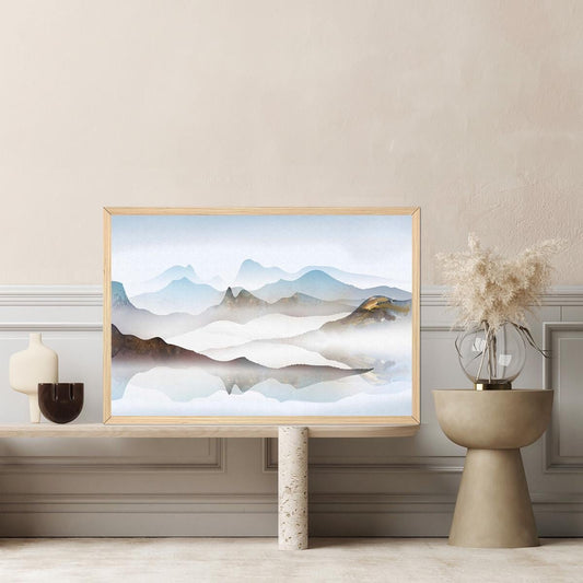 Abstract Mountain Landscape Canvas Print - Framed Soft Hills Blue Watercolor Painting - Modern Contemporary Wall Art - Large Size Home Decor