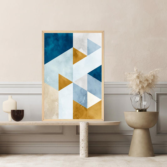 Abstract Geometric Coastal Nautical Cubist Large Minimalist Framed Canvas Wall Art Print Blue White Gold Decor Modern Contemporary Painting