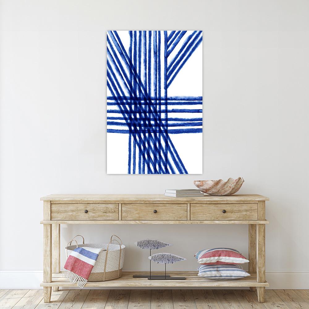 Blue & White Minimalist Painted Lines Modern Geometric Abstract Floater Framed Canvas Wall Art Print Home Decor Large Contemporary Painting