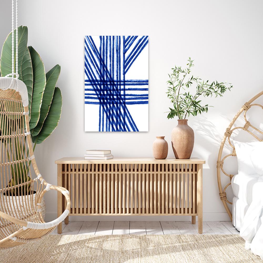 Blue & White Minimalist Painted Lines Modern Geometric Abstract Floater Framed Canvas Wall Art Print Home Decor Large Contemporary Painting