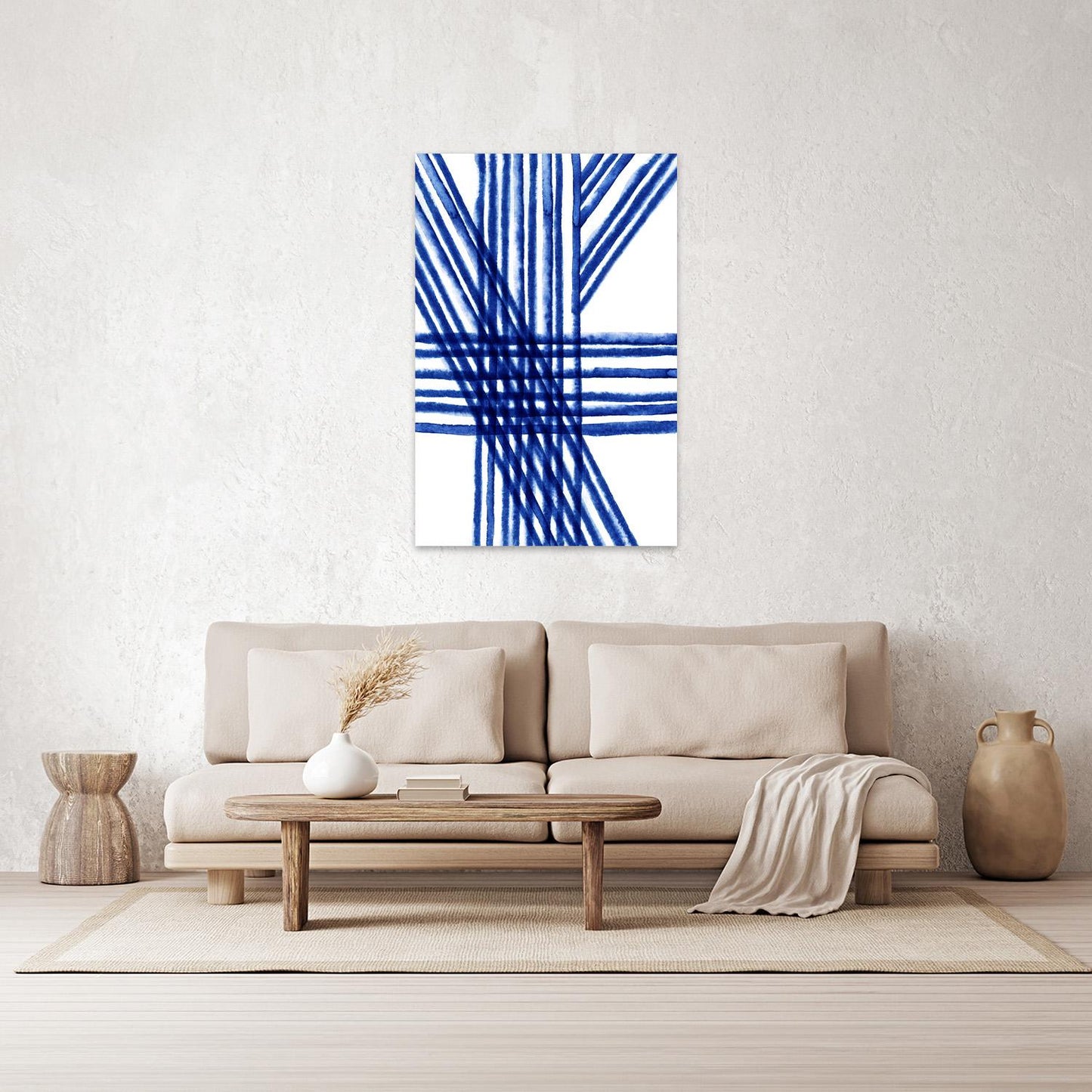 Blue & White Minimalist Painted Lines Modern Geometric Abstract Floater Framed Canvas Wall Art Print Home Decor Large Contemporary Painting