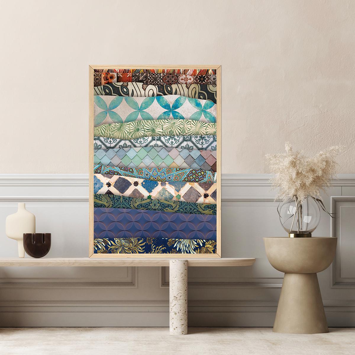 Colorful BOHO Canvas Wall Art - Maximalist Torn Paper Textured Print Pattern - Exotic Modern Floater Framed Painting I