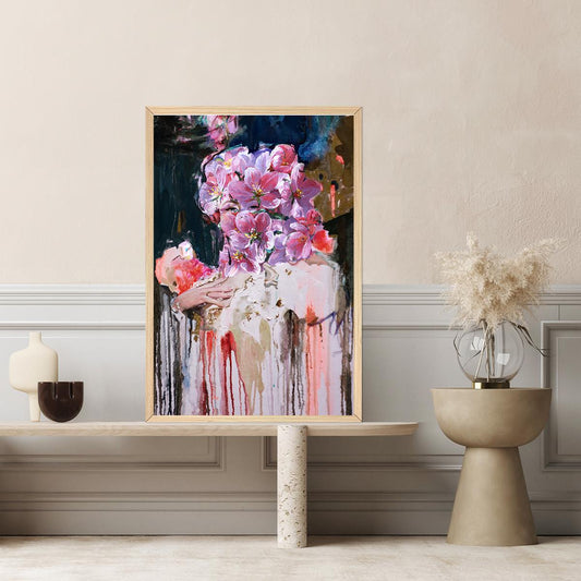 Maximalist Floral Lady Portrait Colorful Modern Fine Art Print - Large Framed Canvas Print - Home Decor Modern BOHO Woman Painting