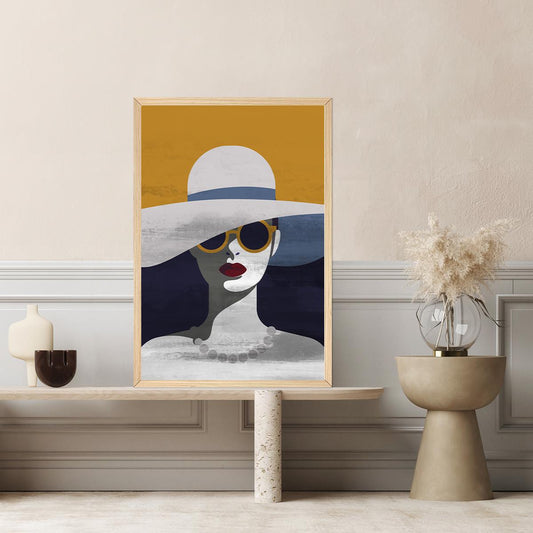 Lady With Hat & Sunglasses Wall Fine Art Print - Woman Retro Boho Colorful Large Framed Canvas - Home Decor Modern Contemporary Painting