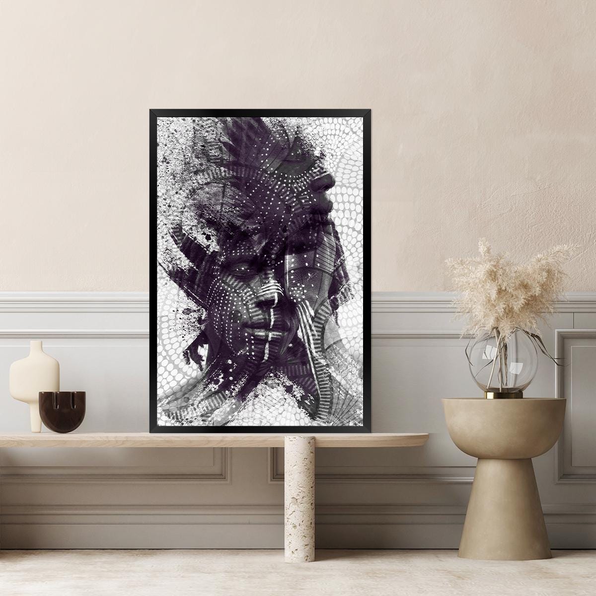 African American Ethnic Male Portrait Art Photo Canvas Print Black White Abstract Modern Painted Tribal Photography Large Framed Wall Print