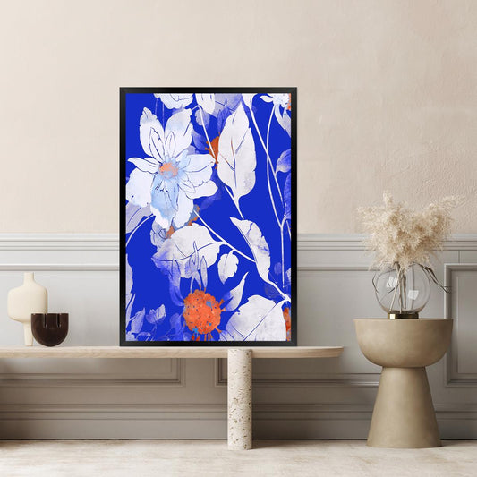 Bold Blue Floral Canvas Wall Art - Unique Colorful Abstract Bontanical Biophilic Flowers Framed Floater Print Large Modern Home Decor Gift