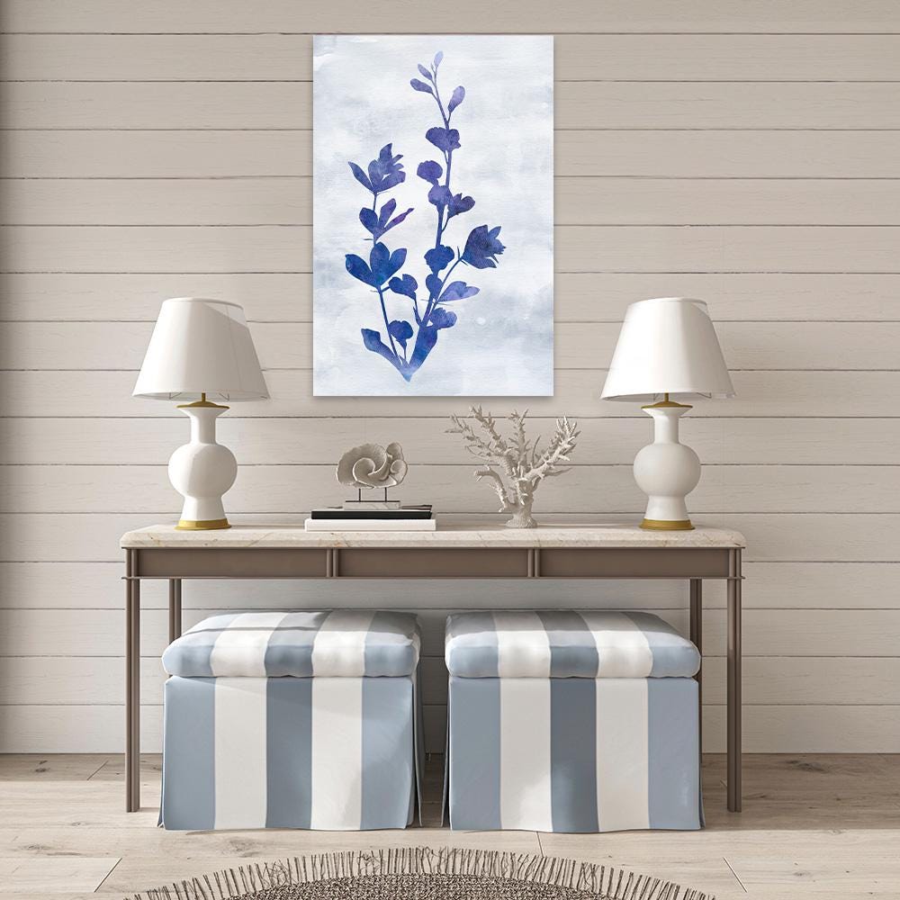 Blue & White Indigo Floral Botanical Minimalist Wall Art - Large Framed Canvas Print - Biophilic Design Modern Contemporary Painting I