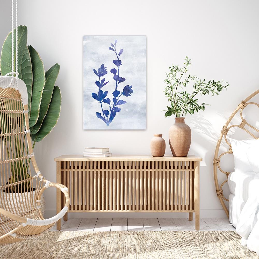 Blue & White Indigo Floral Botanical Minimalist Wall Art - Large Framed Canvas Print - Biophilic Design Modern Contemporary Painting I