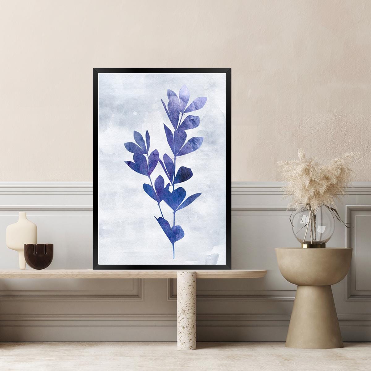 Blue & White Indigo Floral Botanical Minimalist Wall Art - Large Framed Canvas Print - Biophilic Design Modern Contemporary Painting 2