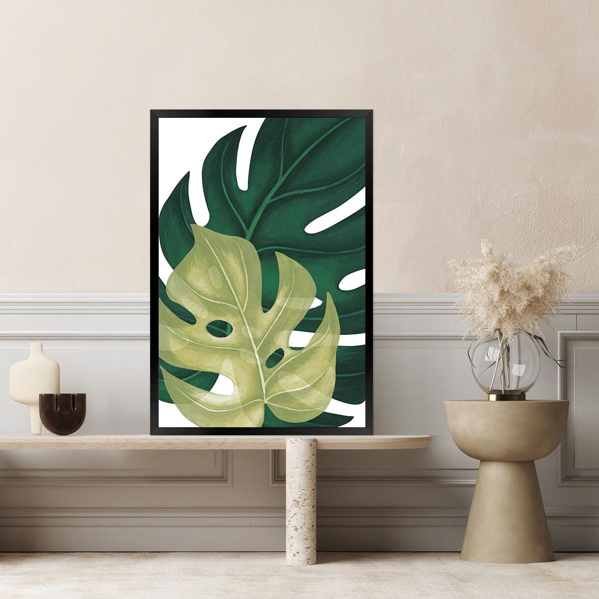 Palm Leaf Print - Green Monstera Leaf Tropical Canvas Art - Botanical Biophilic Nature Framed Wall Art - Large Green Modern Home Decor