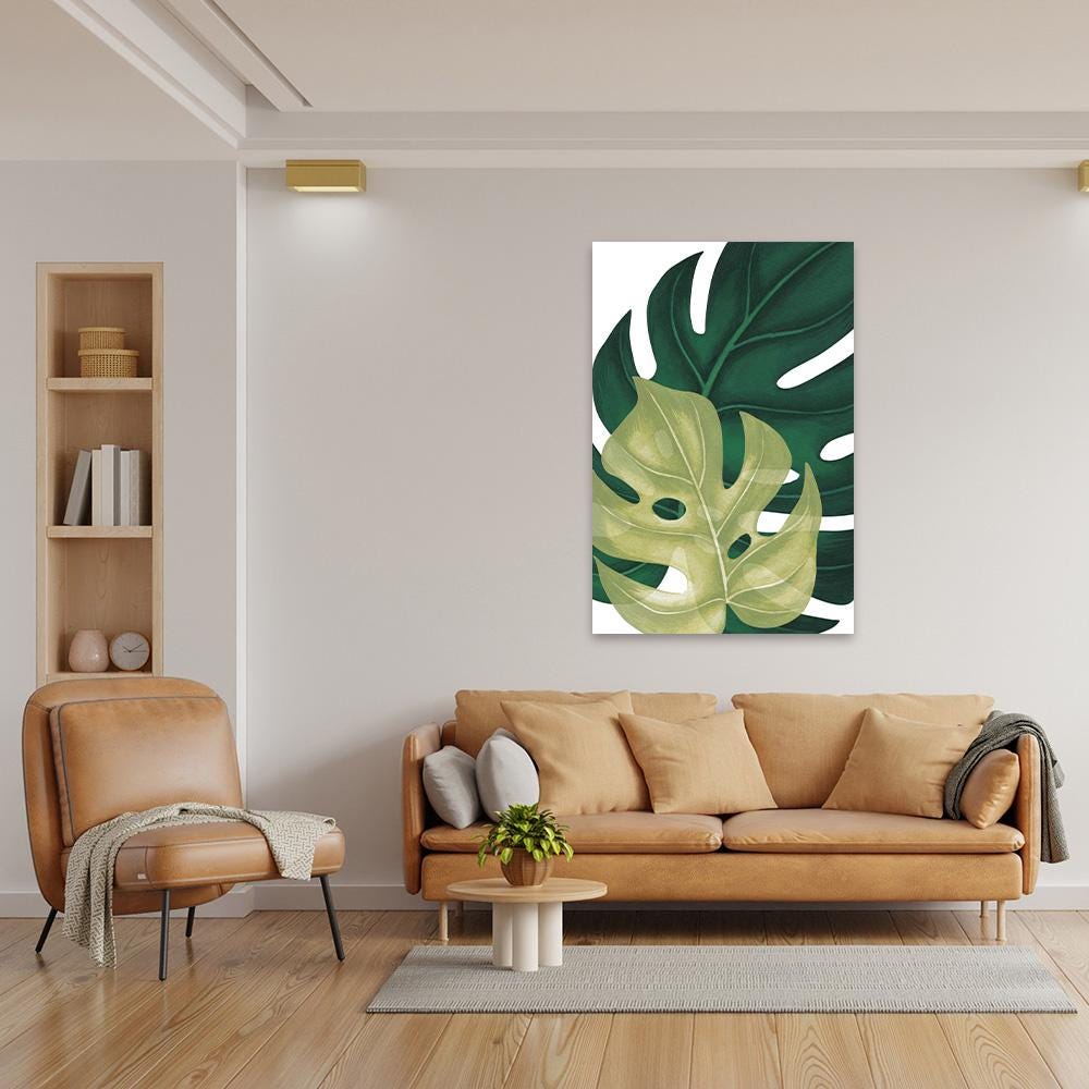 Palm Leaf Print - Green Monstera Leaf Tropical Canvas Art - Botanical Biophilic Nature Framed Wall Art - Large Green Modern Home Decor