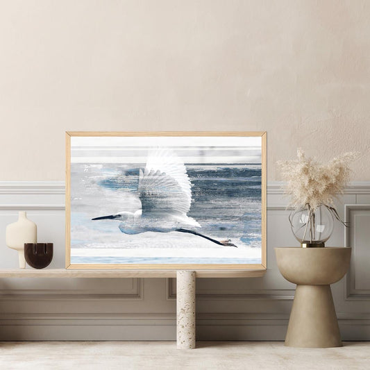 Sea Bird In Flight Coastal Canvas Print - Modern Contemporary Blue & White Framed Wall Art -  Shorebird Heron Beach Ocean Large Painting