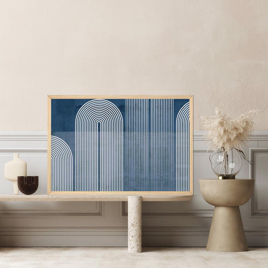 Modern Geometric Arch Canvas Print - Bauhaus Blue & White Arches Abstract Modern Wall Art - Contemporary MCM BOHO Home Decor Painting