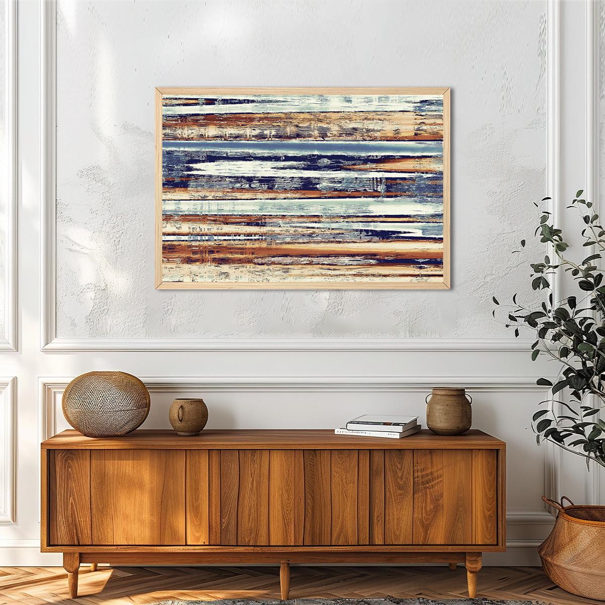 Abstract Painted Wood Colorful Art Print - Modern Earth Tone Striped Wall Decor - Canvas Artwork For Livingroom, Office - Framed Options