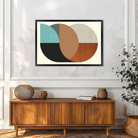 Modern Abstract Geometric Canvas Wall Art – Mid Century Minimalist Shapes – Terracotta Aqua Beige Print for Home Decor - Framed Options