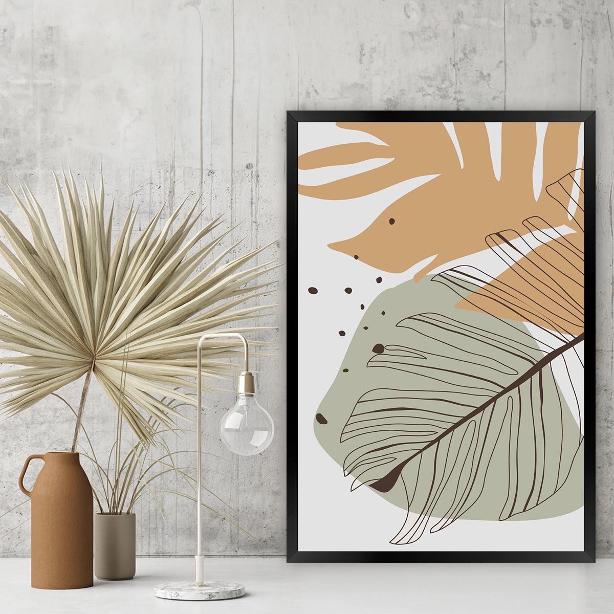 Boho Palm Leaf Wall Art - Mid-Century Line Art, Colorful Abstract Botanical Canvas Print, Modern Tropical Home Decor, Framed Options