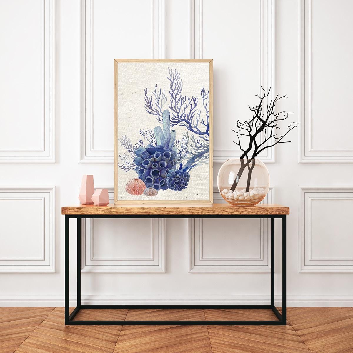 Coastal Coral Watercolor Canvas Print: Blue Ocean Reef Art